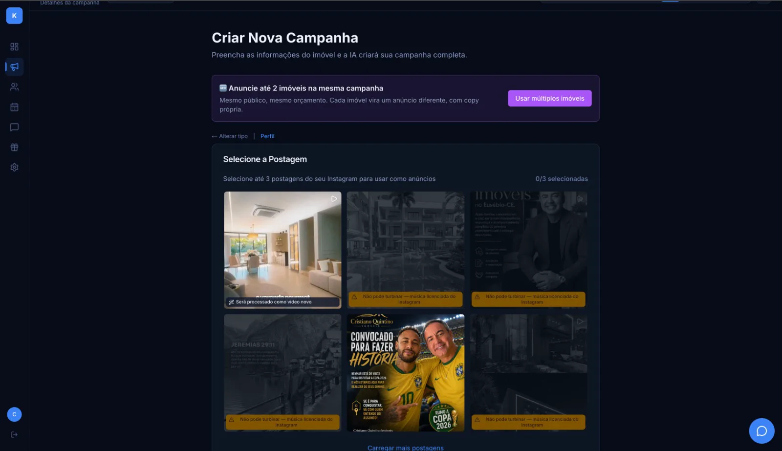 Tela da Kaptfy mostrando a conexão da conta do Instagram antes de publicar a campanha