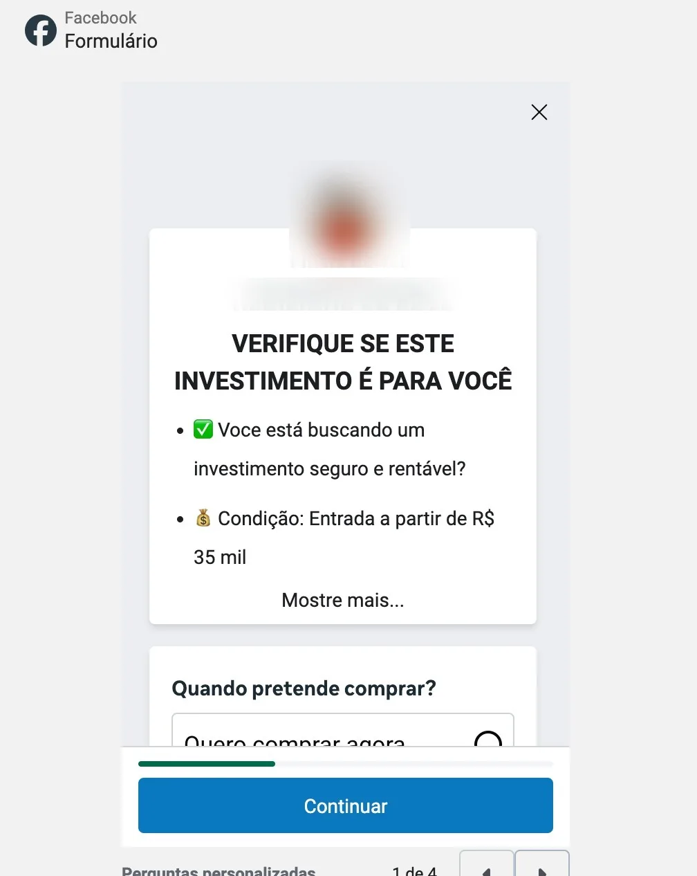Formulário instantâneo de um anúncio de imóvel visto no celular, com campos de nome e telefone